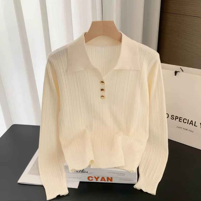 春秋POLO领秋季毛针织衫针织短款薄款翻领长袖休闲毛衣女装时尚