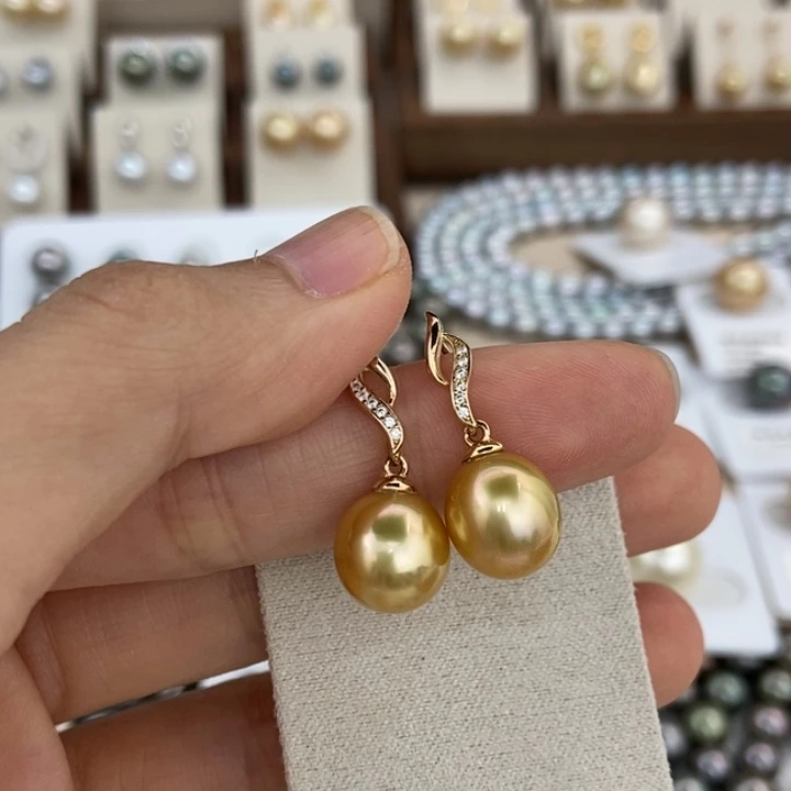 耳饰海水珍珠银S925镶嵌金珠9-10