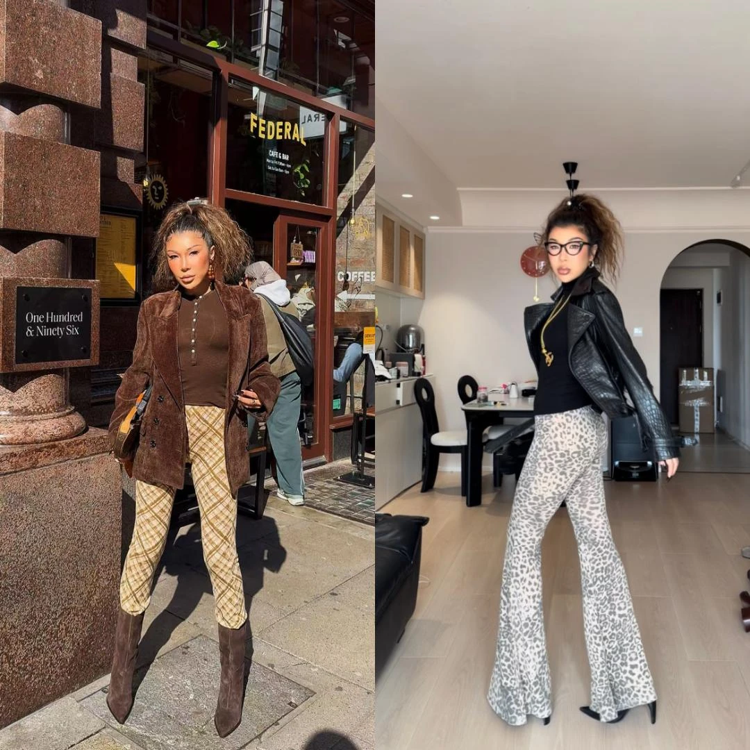 {小溪家}格子豹纹裤子高腰高弹显瘦修身欧美风时髦休闲设计感裤子