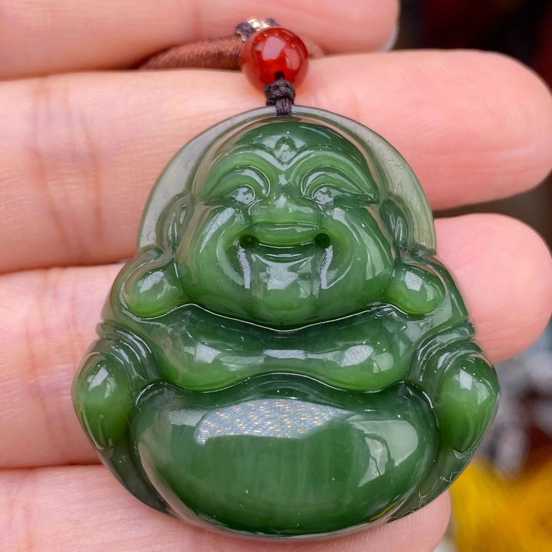 约31*32mm菠菜绿碧玉佛公编绳吊坠