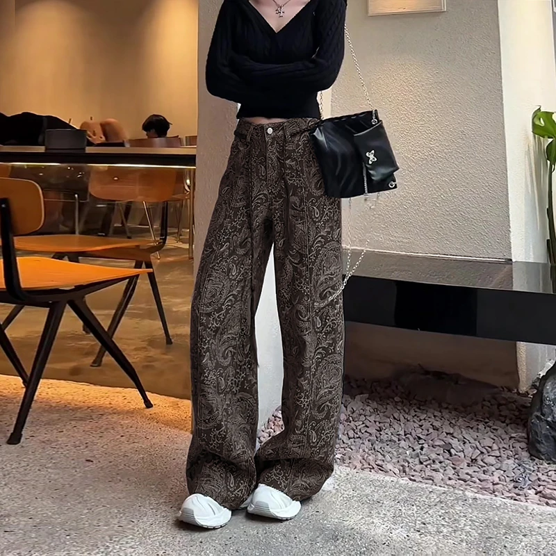 春秋季新款时尚复古高腰提花显瘦宽松气质花色洋气长裤牛仔裤女