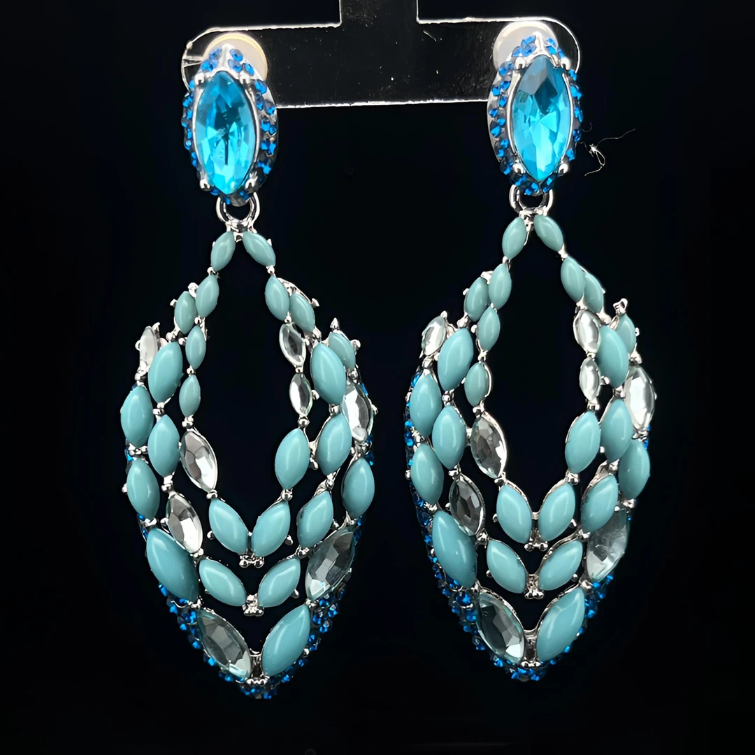 铜合金锆石耳饰 中古铜合金蓝色手工欧美镶钻耳饰长款耳环时尚