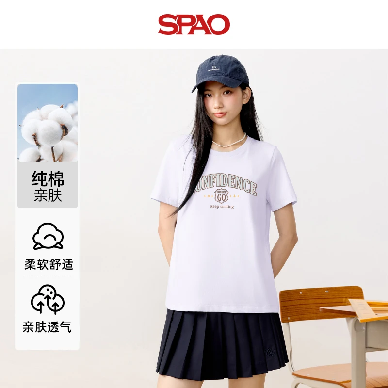 SPAO韩国同款纯棉短袖t恤女2025新款女装时尚洋气百搭宽松上衣YC