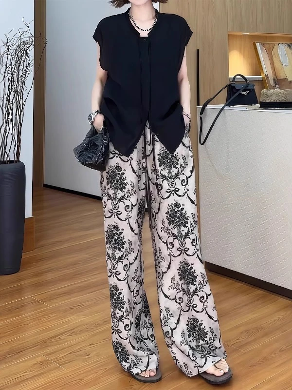 新中式国风印花阔腿裤女夏季薄款大码胖mm宽松显瘦垂感直筒休闲裤