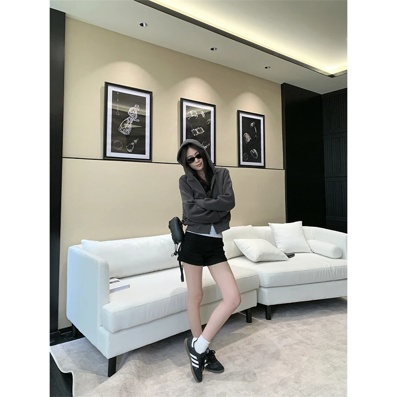 2025新款短款连帽卫衣外套女高级感秋季宽松慵懒风双拉链开衫上衣