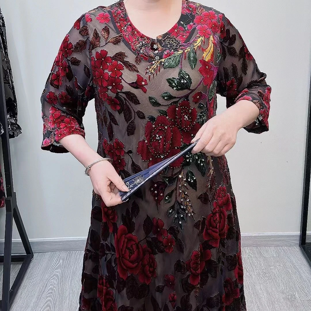 桑蚕丝连衣裙1776v领斜裁长款时尚遮肉妈妈装