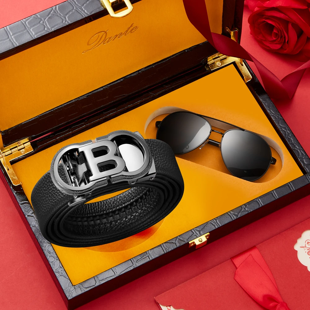 Dante男士时尚腰带自动扣商务皮带赠墨镜礼盒装-T036