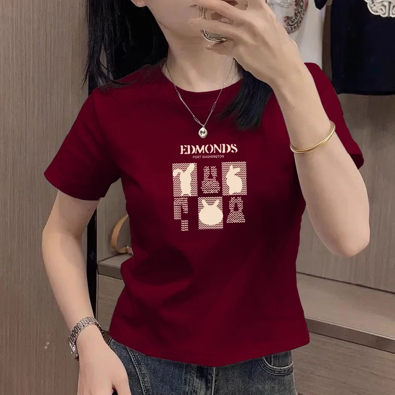 正肩短袖t恤女夏季韩版修身半袖显瘦体恤衫洋气减龄印花圆领上衣