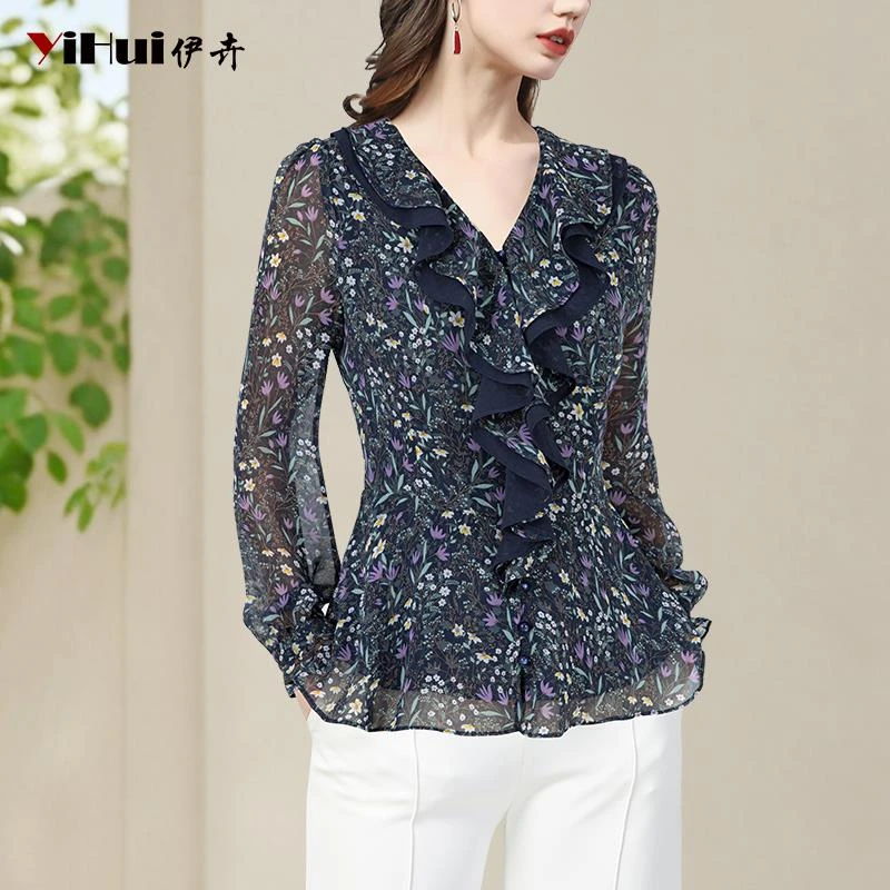 YIHUI伊卉雪纺衫女长袖上衣气质碎花v领荷叶边衬衫收腰SC255760