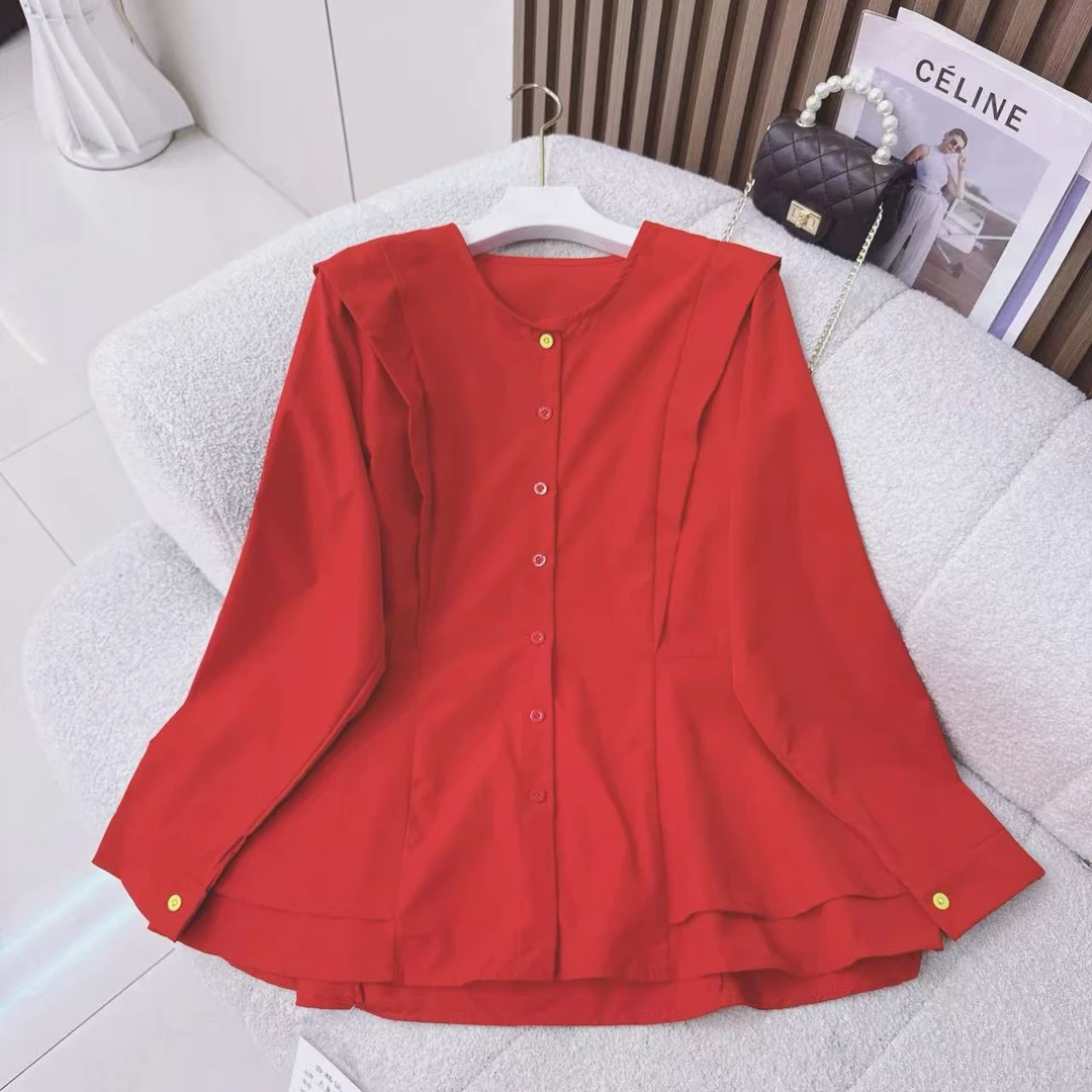 欧洲站2025秋冬新款减龄高级感圆领衬衫女韩系宽松显瘦单排扣上衣