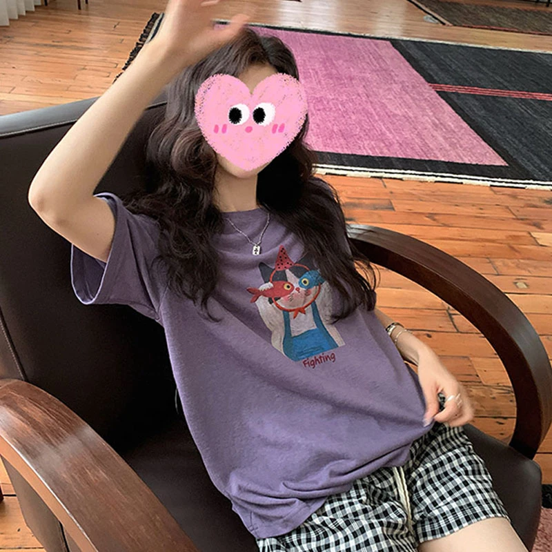 韩系圆领卡通印花短袖T恤女夏季新款复古百搭宽松显瘦上衣小衫朝