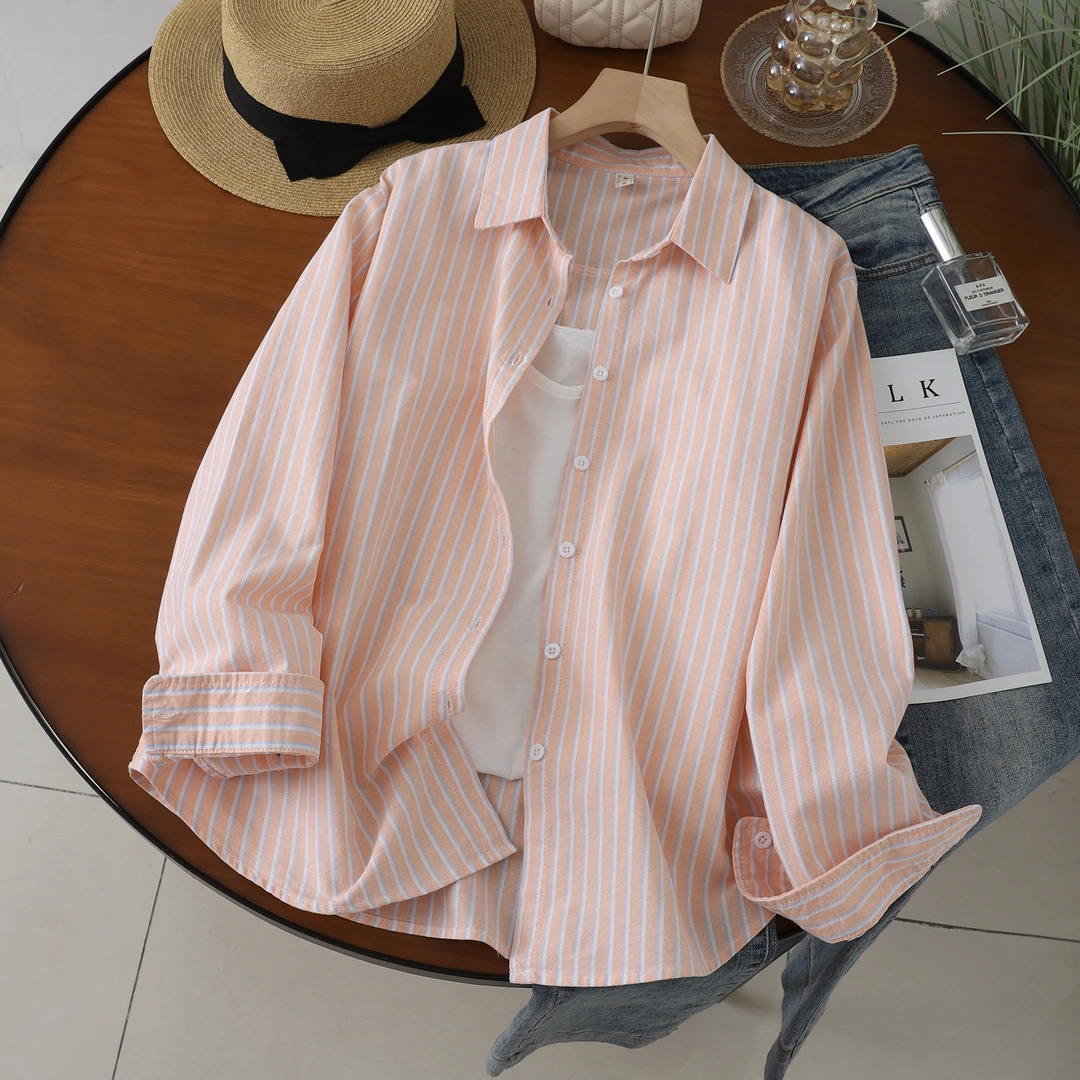 100纯棉牛津纺小个子款衬衫常规长袖条纹衬衫时尚女装（单件衬衫）