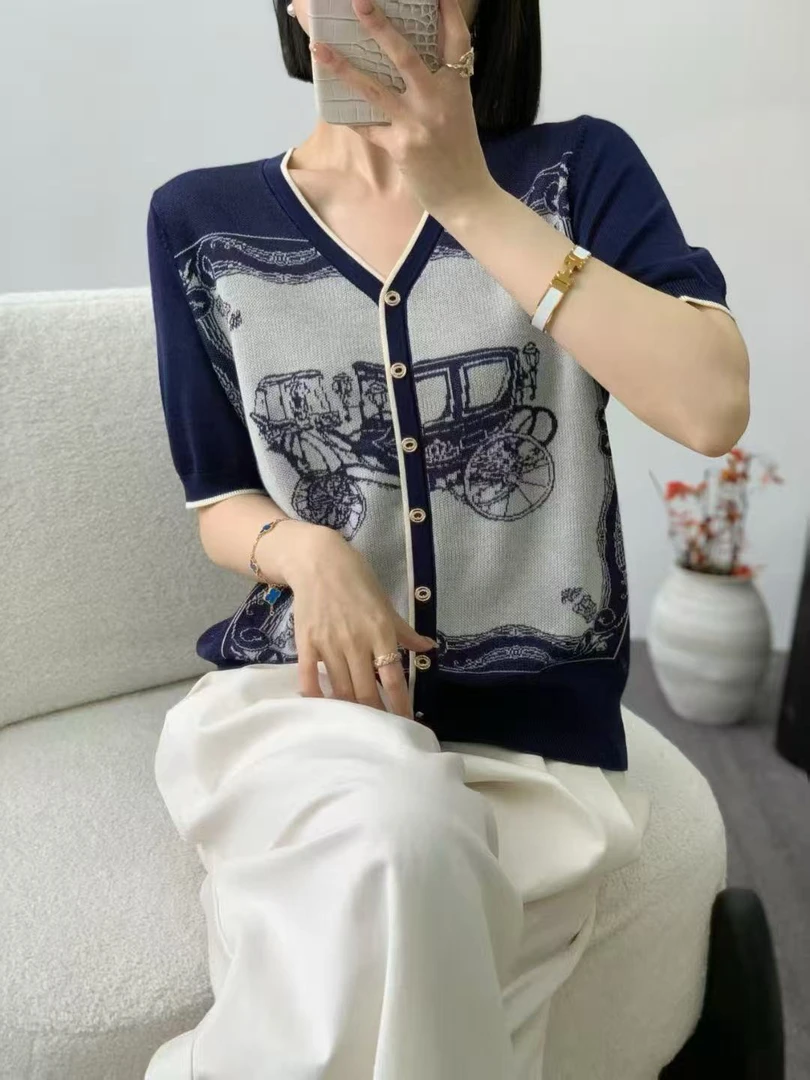 【马车提花】莱赛尔100复古高级感v领夏季新款针织假开衫薄款短袖