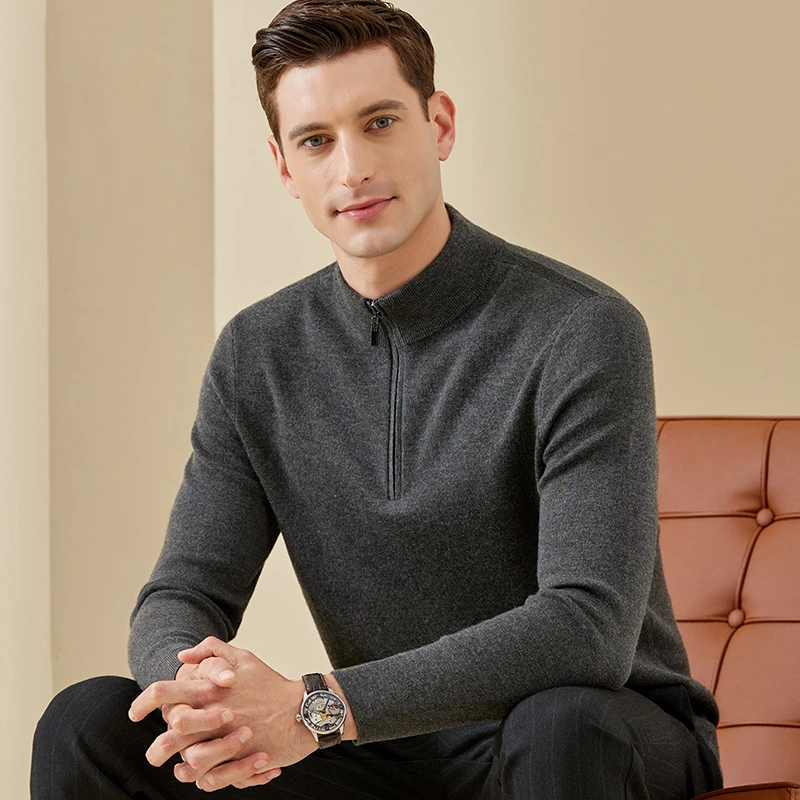康赛妮精纺纯羊绒衫男士加厚半高拉链领冬季白暖100%山羊绒毛衣