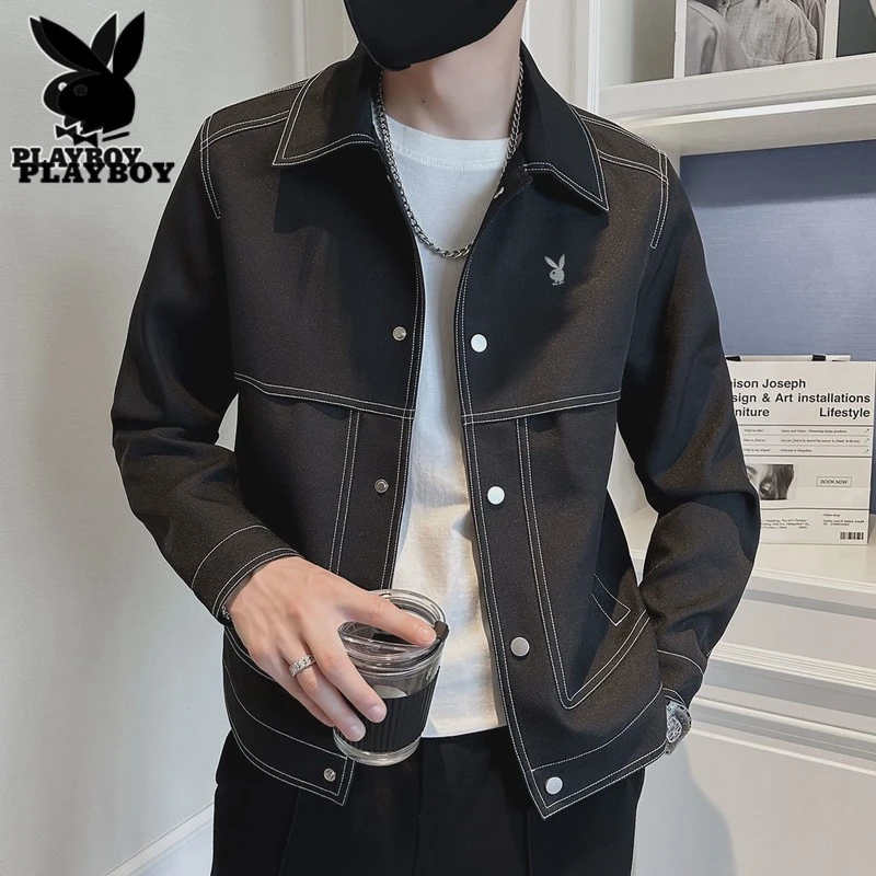 花花公子牛仔外套男士春季潮流缉明线拼接上衣服翻领夹克