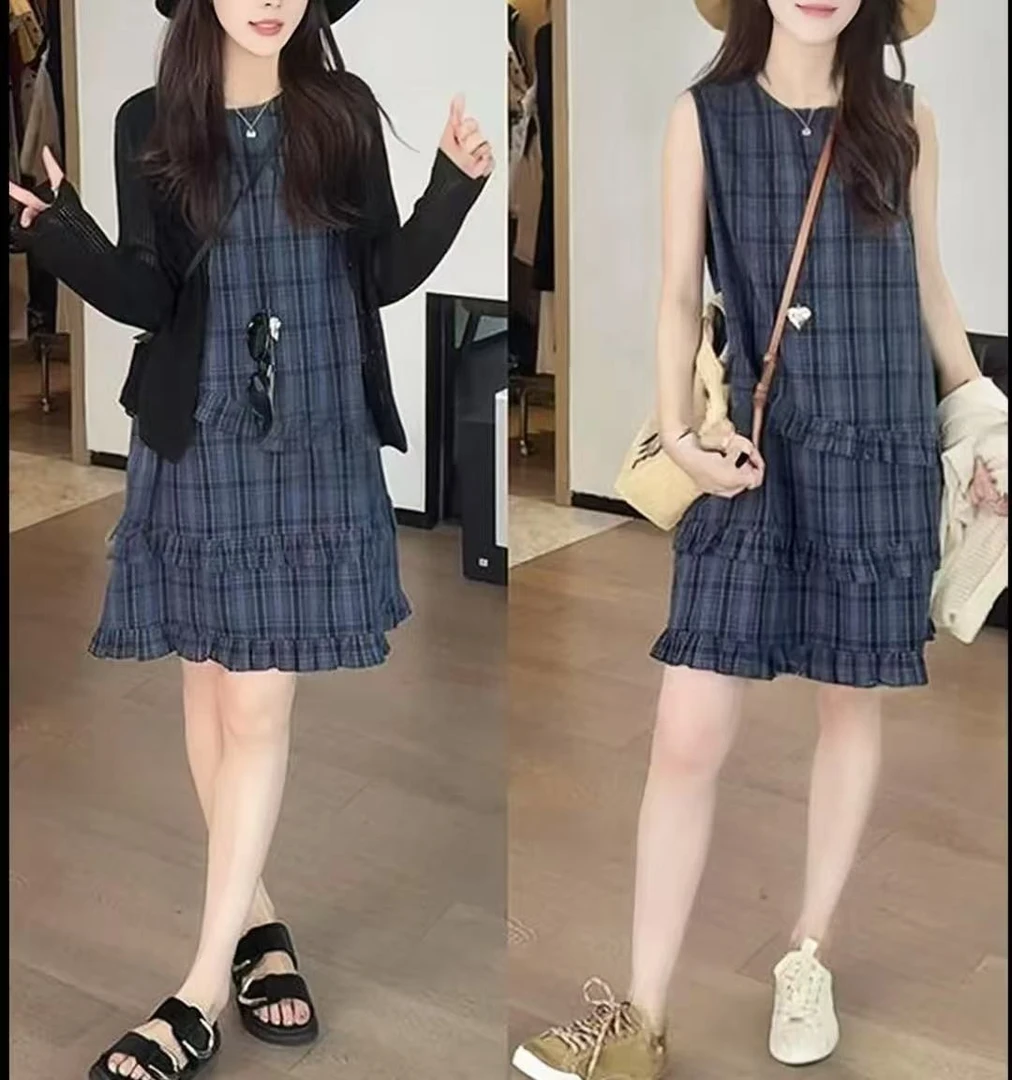 【慕喜】2025复古不规则花边格纹小个子度假风休闲无袖连衣裙A107