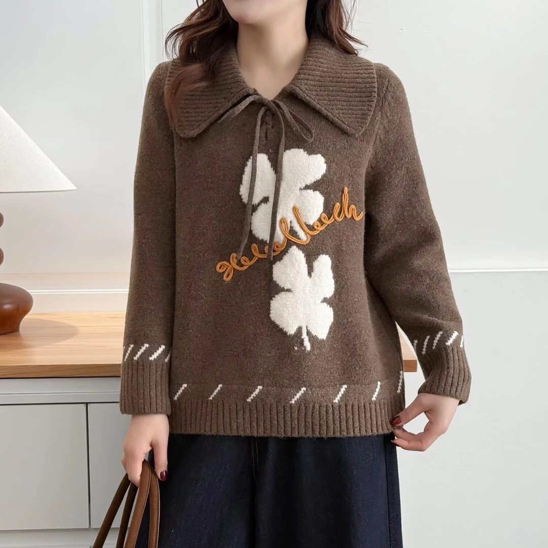 大码胖MM幸运草毛衣!撞色提花刺绣冬季新款宽松大翻领毛衣女