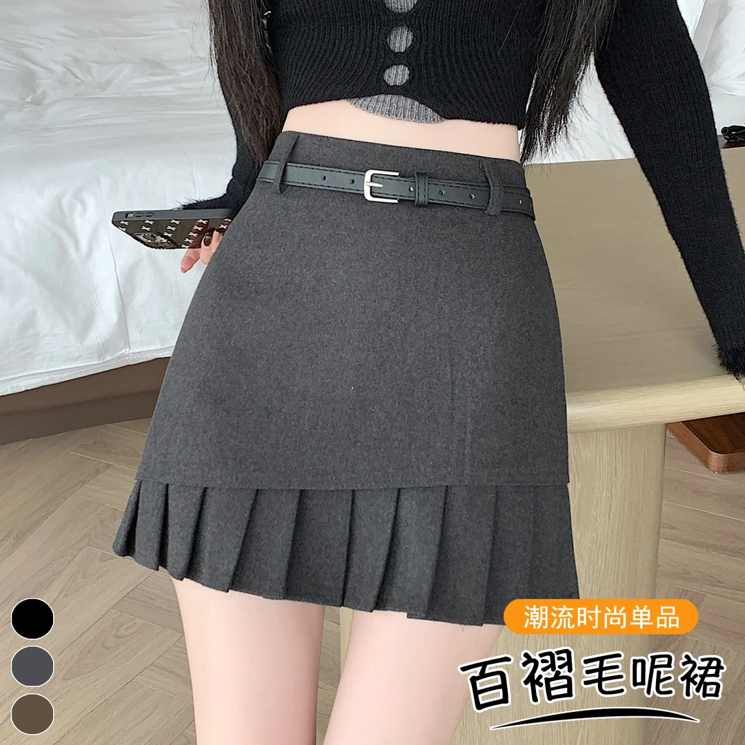 毛呢百褶短裙秋冬新款高腰显瘦不规则a字半身裙高腰半身短裙