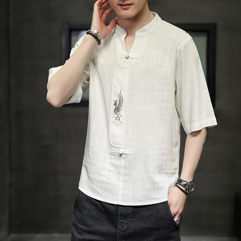 夏季棉麻短袖t恤男士V领汉服半袖上衣中国风刺绣男装宽松打底体恤