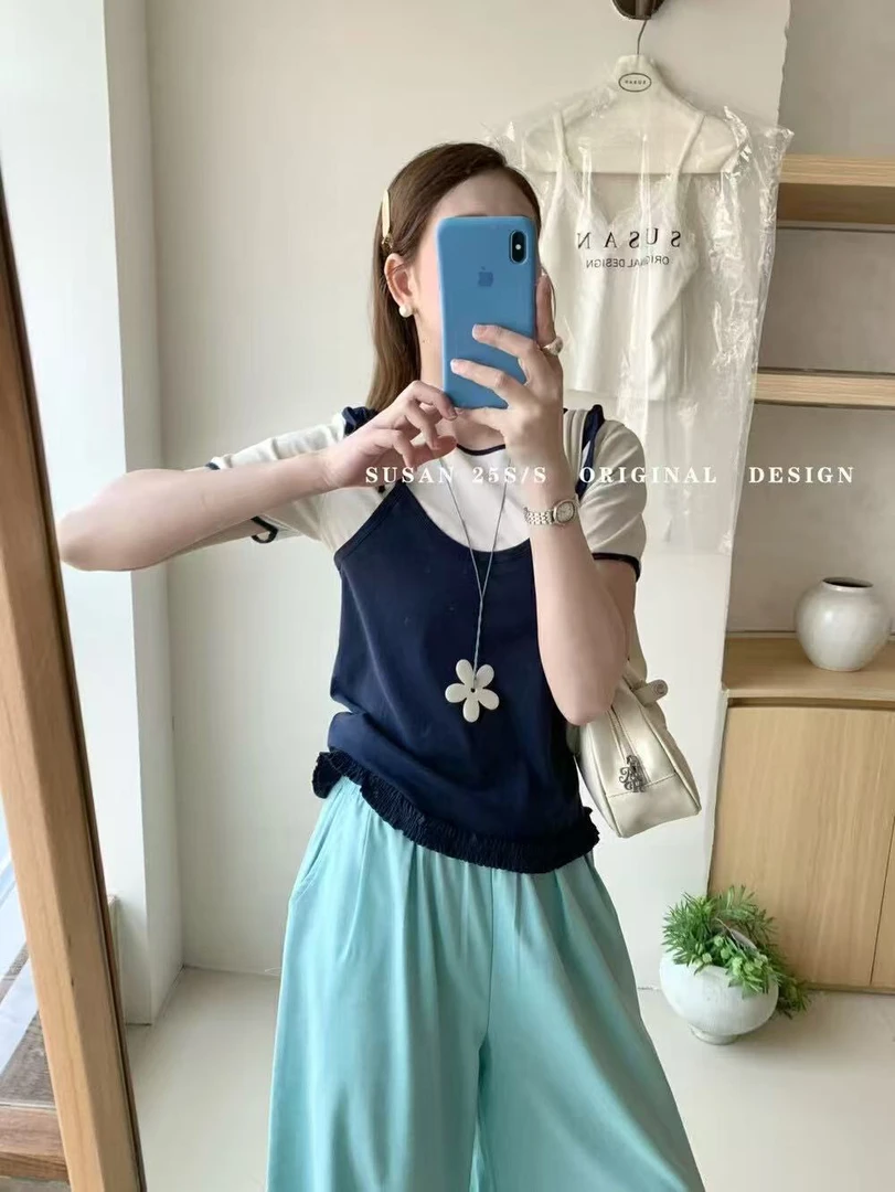 susan@h7131 韩系百搭撞色假两件绑带短袖T恤 6-3