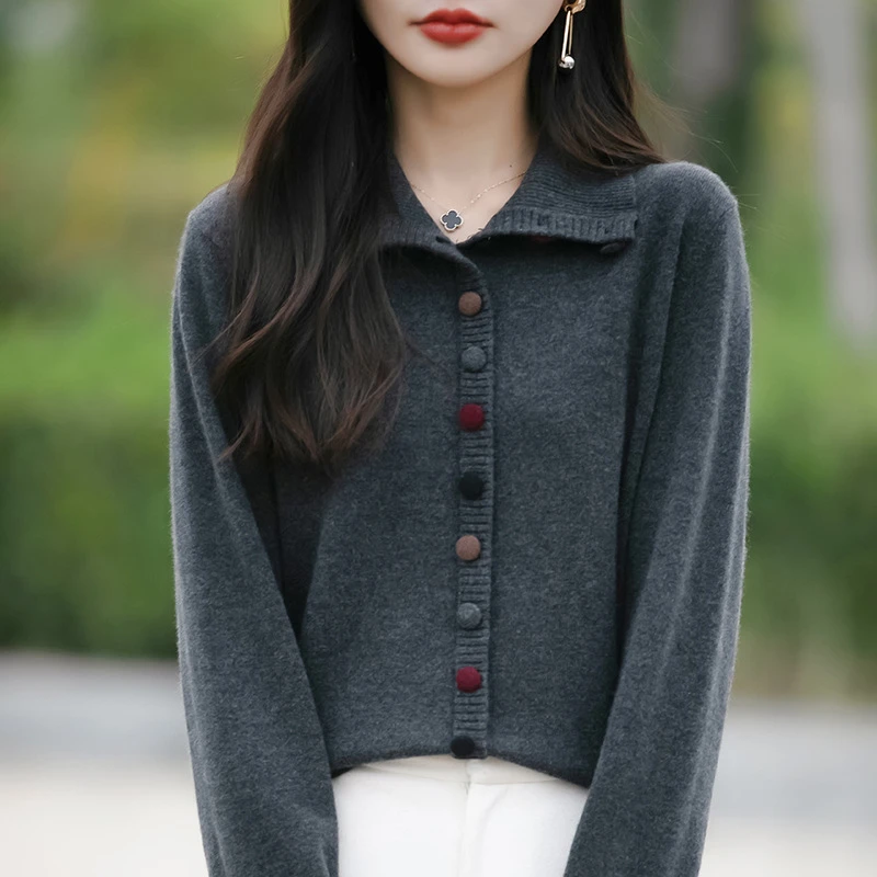 毛衣女高领翻领开衫毛衣彩扣针织外套打底衫春秋时尚开衫外套女韩