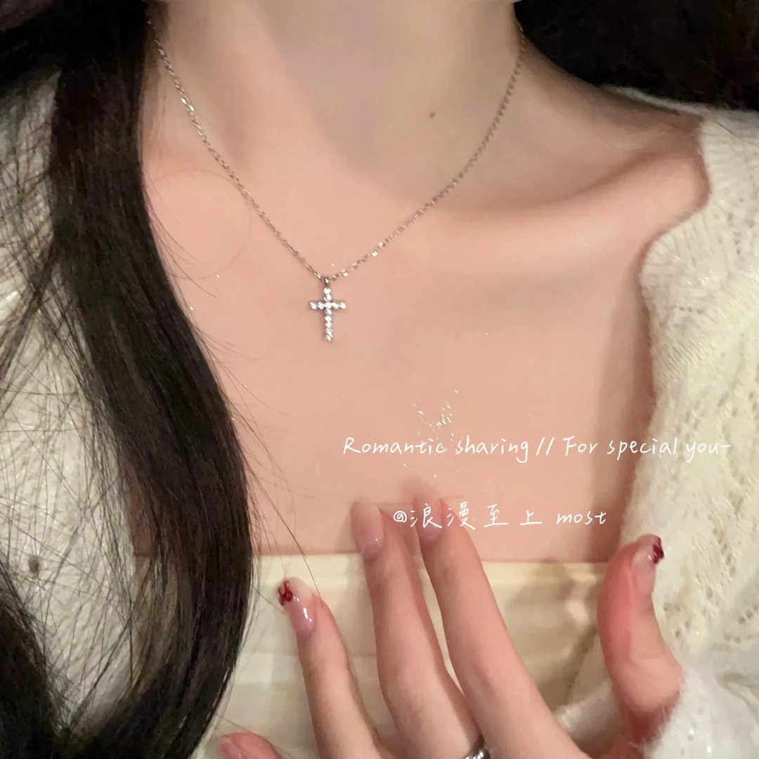 坠链均925银 闪锆十字架项链女简约设计s925轻奢锁骨链