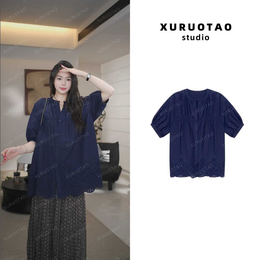 XURUOTAO 【悠岚】100棉下摆蕾丝花边设计藏蓝色衬衫上衣 T5258