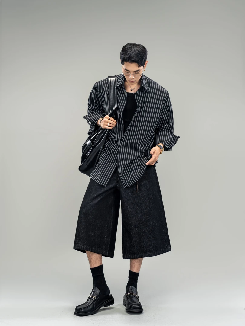 DBW Doublewin高级感七分袖黑白条纹衬衫男夏季挺阔垫肩衬衣1201