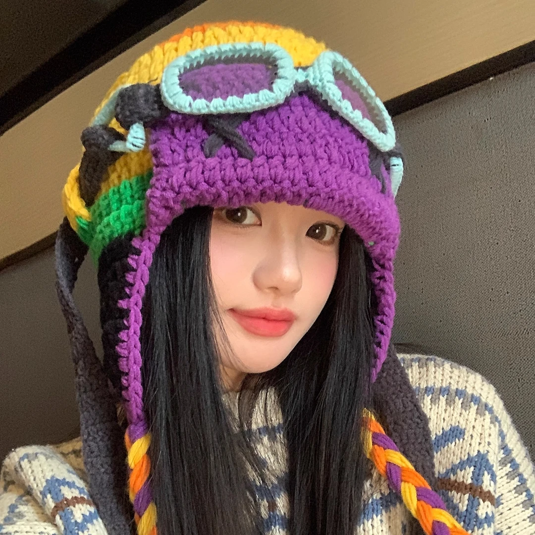 2025新款可爱搞怪针织护耳帽女秋冬保暖防风绑带流苏飞行员帽子男