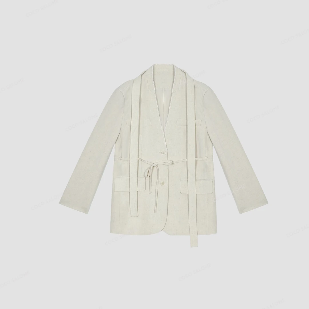 安安推荐【飘带西服】早春亚麻蕾丝V领简约休闲西服BW25C50981-XF