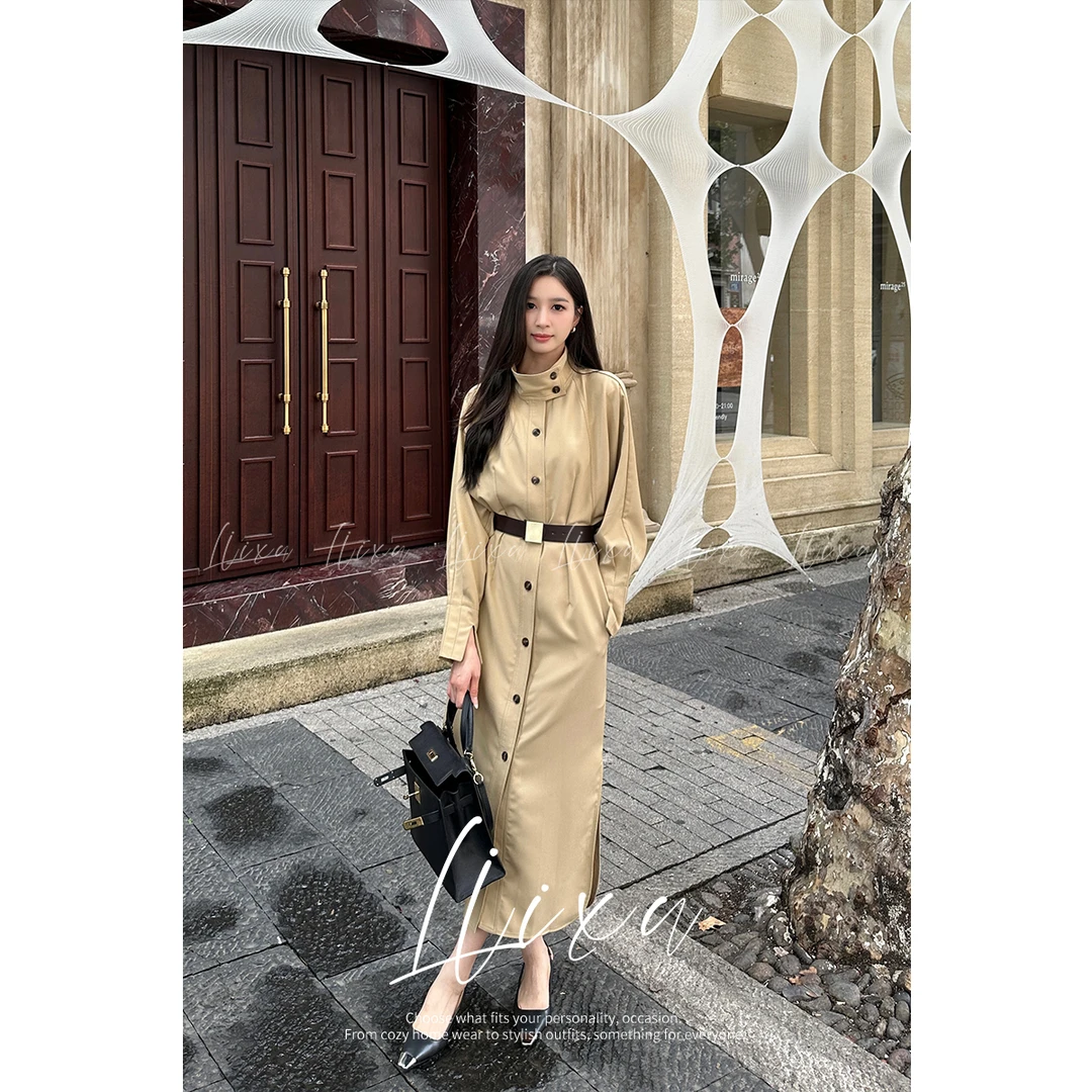 Liixu精致立领开叉风衣连衣裙气质收腰百搭衬衫裙长裙24Q132