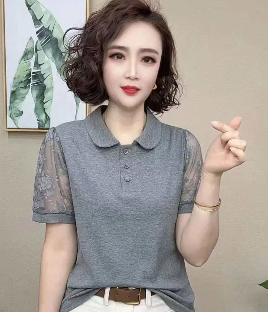 2025新款短袖T恤女士翻领蕾丝镂空百搭洋气减龄妈妈小衫