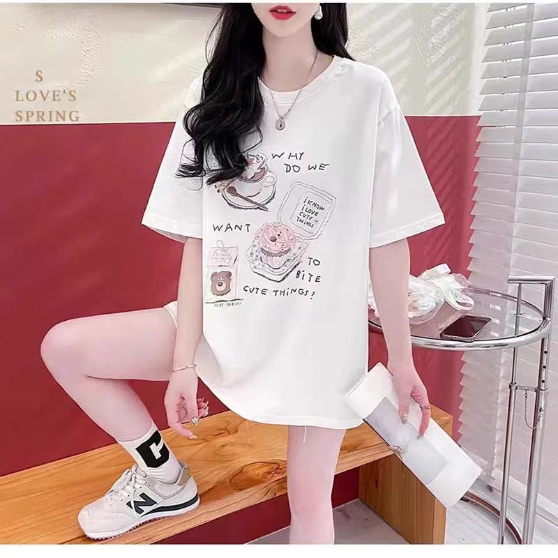 夏季短袖t恤女咖啡蛋糕印花宽松韩版圆领上衣体恤减龄潮