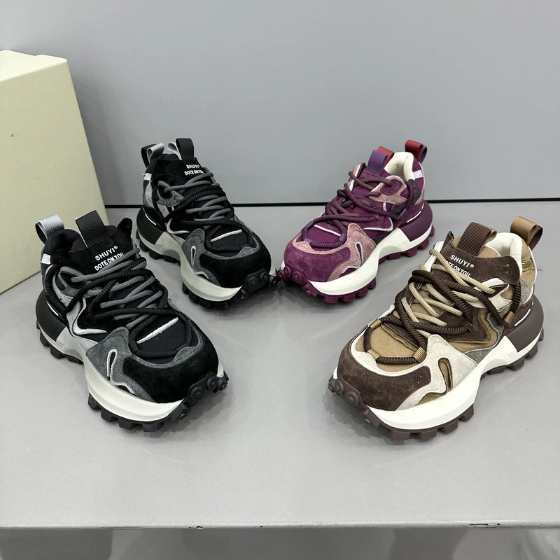 女士时尚百搭舒适复古厚底系带透气秋季新款高定网红拼色潮流潮鞋