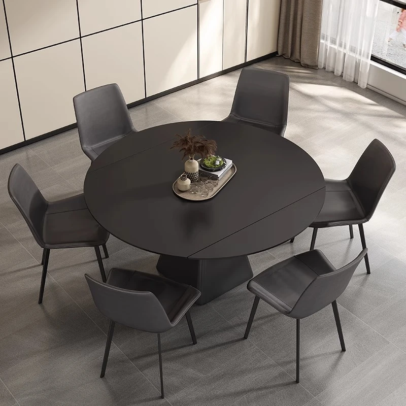 意式极简岩板餐桌现代简约客厅家用可伸缩圆桌方圆两用餐桌椅组合