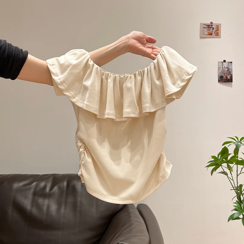 绝美荷叶边一字领露肩短袖T恤女2025年夏季新款收腰小众上衣