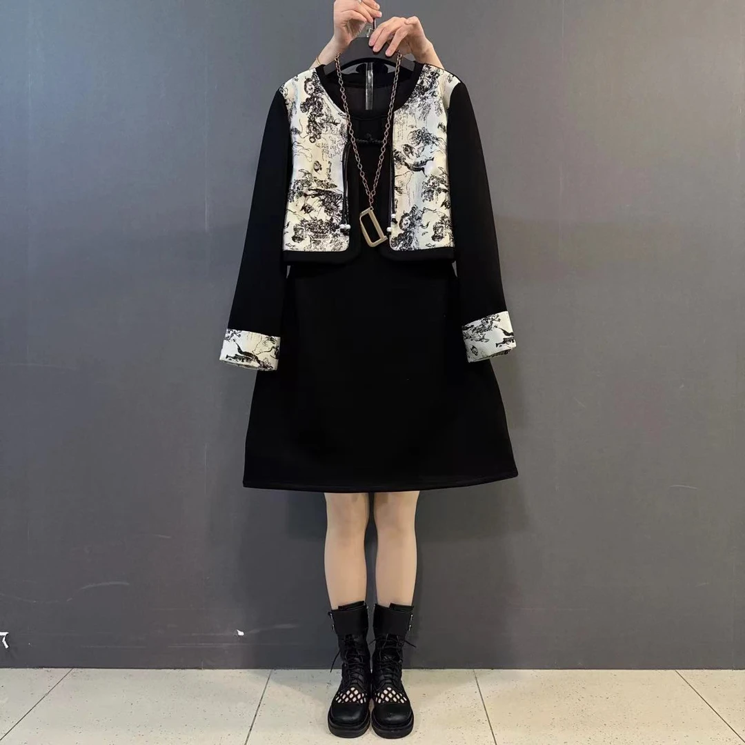 大码新款新中式包边马甲盘扣国风连衣裙两件套