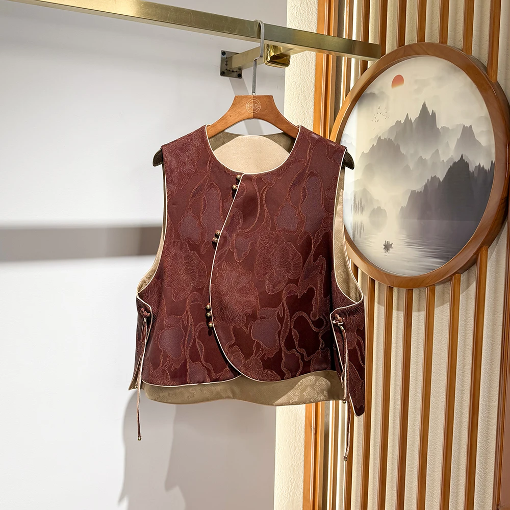 唐一【100%桑蚕丝】红云纱国风秋冬重锻重磅无袖背心盘扣马甲女士