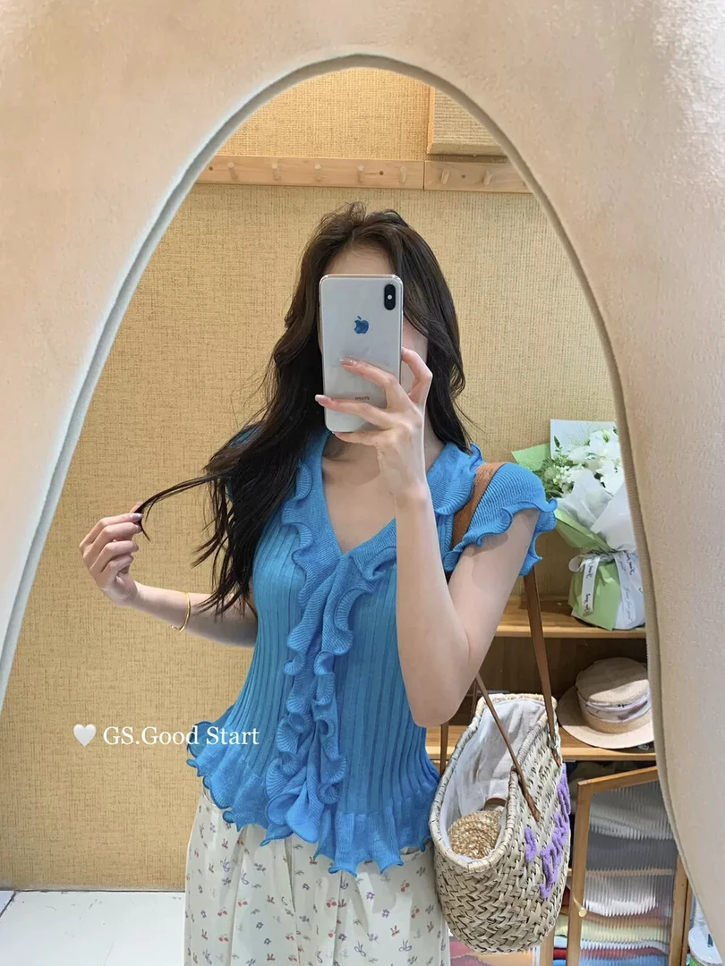 夏日纯欲辣妹荷叶边V领短袖小衫夏季韩系修身气质针织短袖上衣