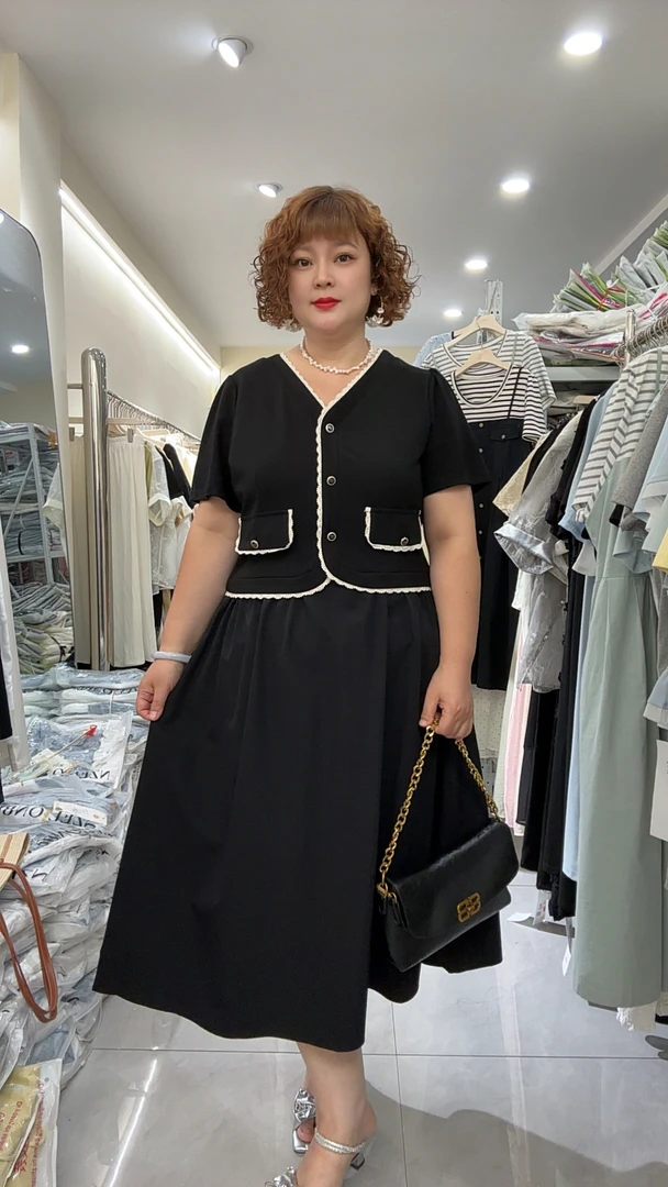 89117小香风假两件连衣裙夏季胖MM大码遮肉显瘦V领气质小黑裙