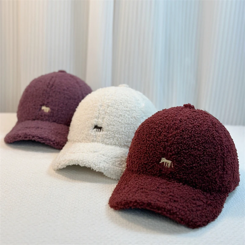 韩版羊羔绒刺绣小狐狸棒球帽情侣秋冬季保暖百搭大头围宽檐鸭舌帽