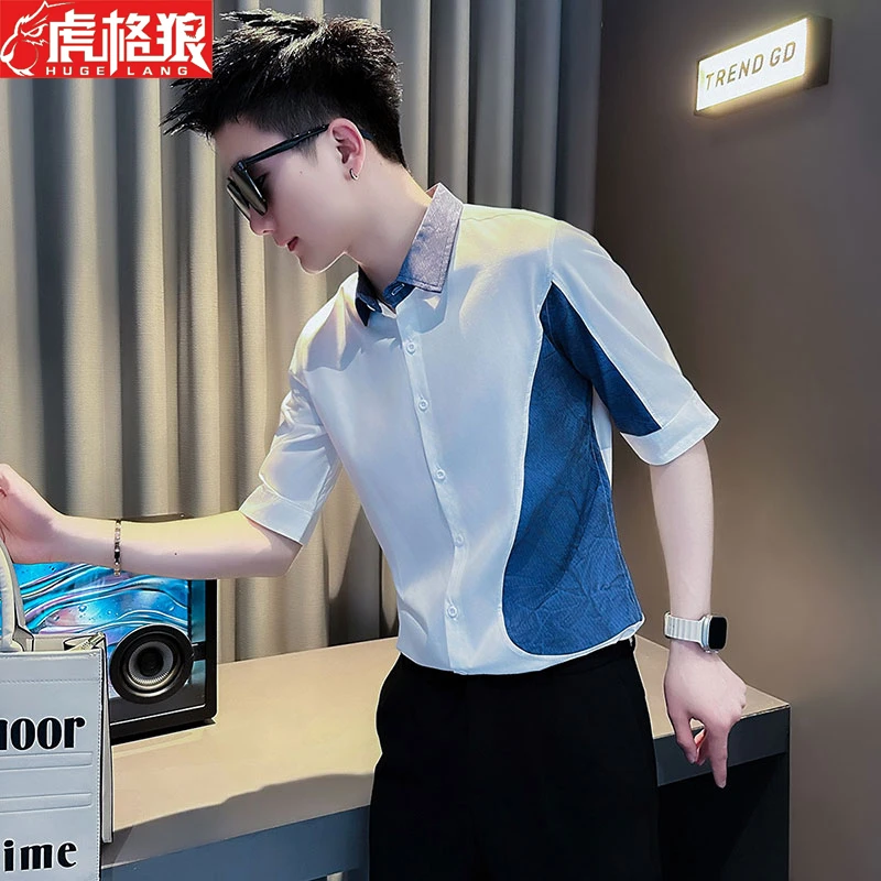 撞色拼接短袖男高档百搭休闲中袖上衣夏季衬衫薄款男装休闲衬衣服