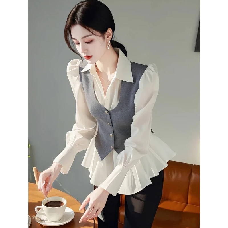 独特漂亮白色灰色假两件衬衫2025春季新款法式收腰高级感上衣女