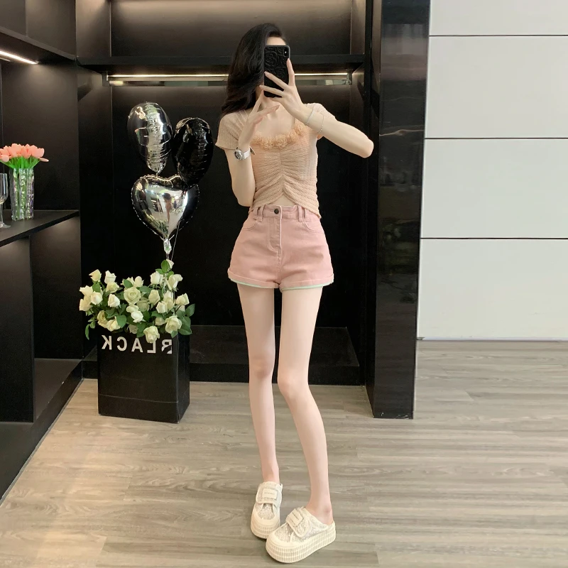 出游夏季女装套装新款重工立体花朵收腰短袖针织衫粉色牛仔短裤潮