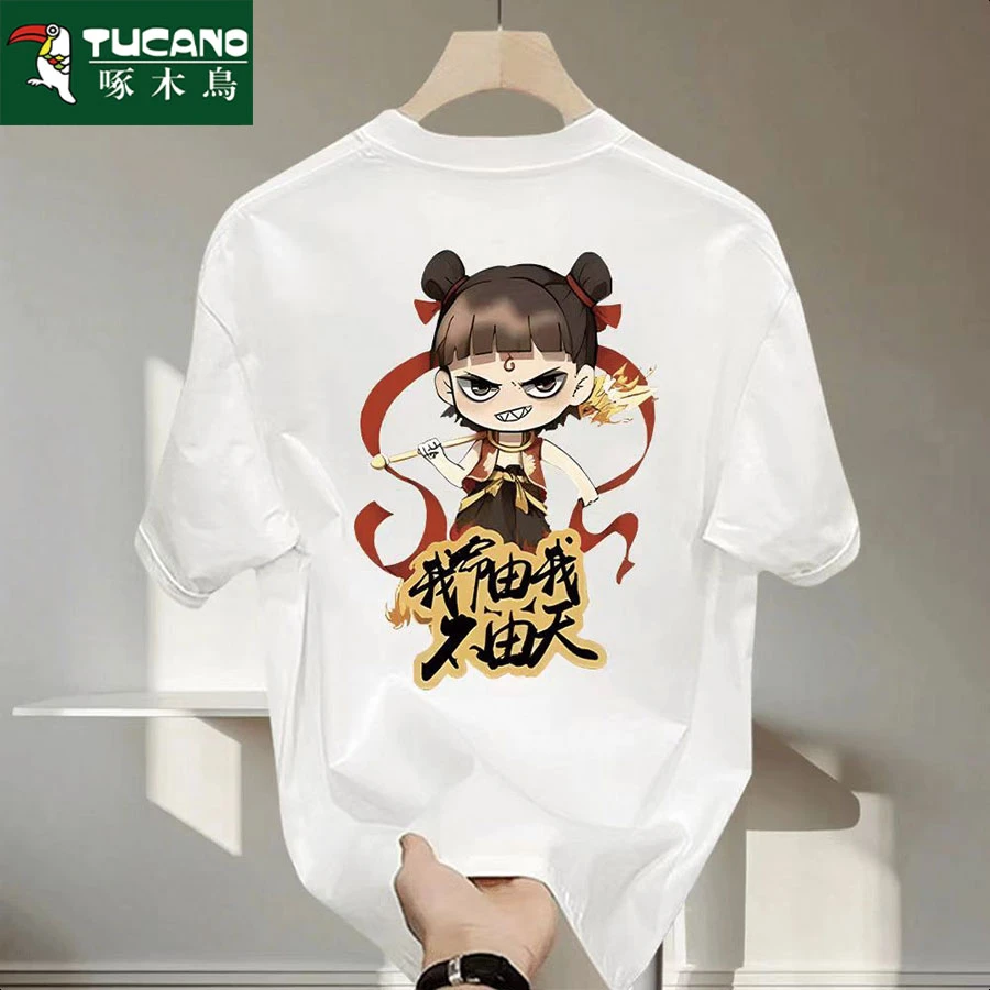 啄木鸟圆领夏季短袖印花T恤ins休闲上衣中长款夏装宽松情侣韩版