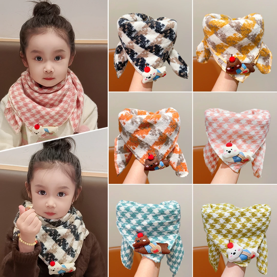 【儿童】千鸟格围巾女童防风保暖围脖新款卡通护颈脖套男宝宝三角巾