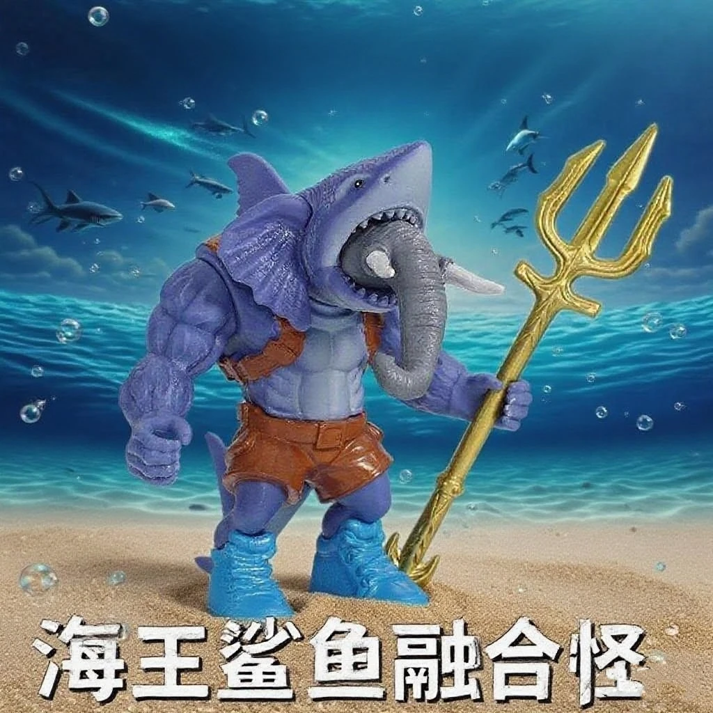 AI外国山海经融合怪兽玩具模型摆件手办海王鲨鱼合体积木仿真玩偶
