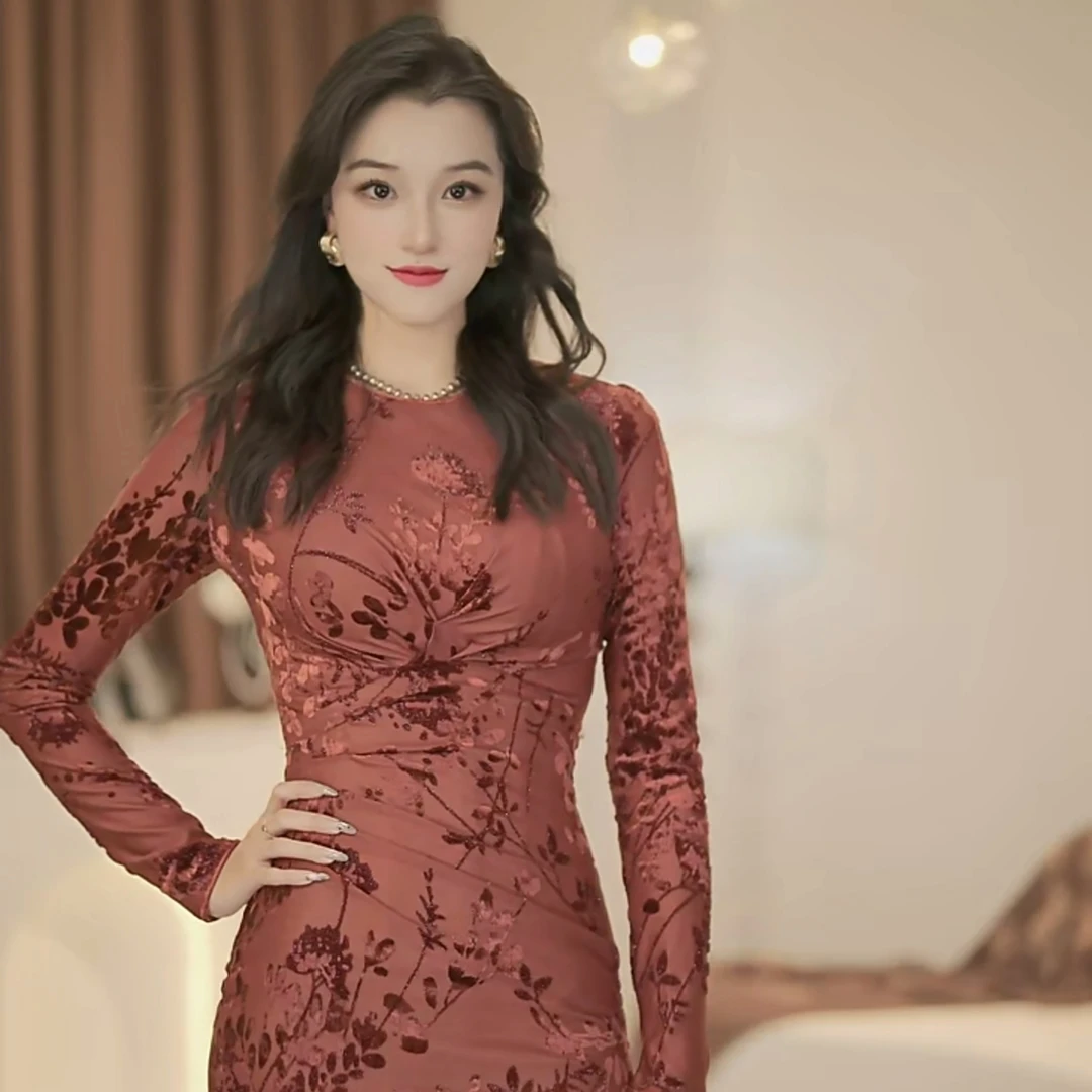 【林夏】琉璃花秋季新款法式气质收腰显瘦鱼尾连衣裙-YL11098