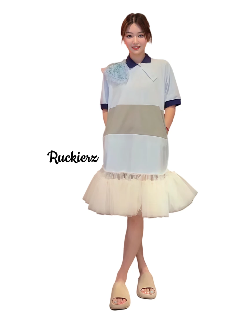 Ruckierz深圳南油原创韩系大长腿女主撞色Polo显瘦T裙蕾丝摆#7587