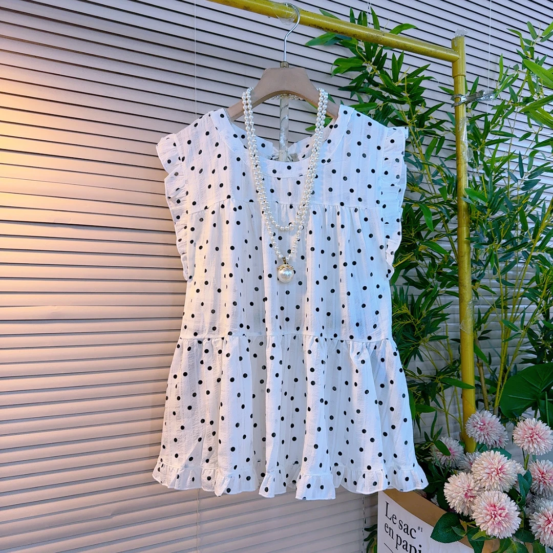 2165胖mm欧货韩版宽松慵懒风木耳花边圆点设计感遮肉显瘦坎袖衫